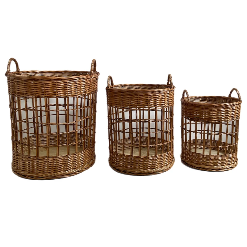 سبد حصیری مدل توری بافت دسته دار مجموعه 3 عددی