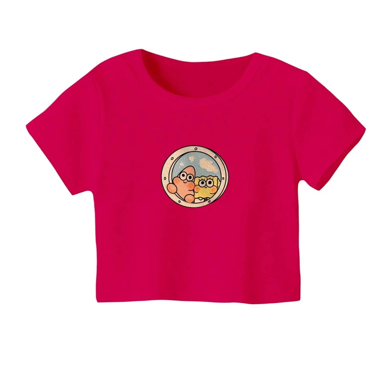 کراپ‌ تی‌شرت آستین کوتاه زنانه مدل باب اسفنجی و پاتریک کد۱