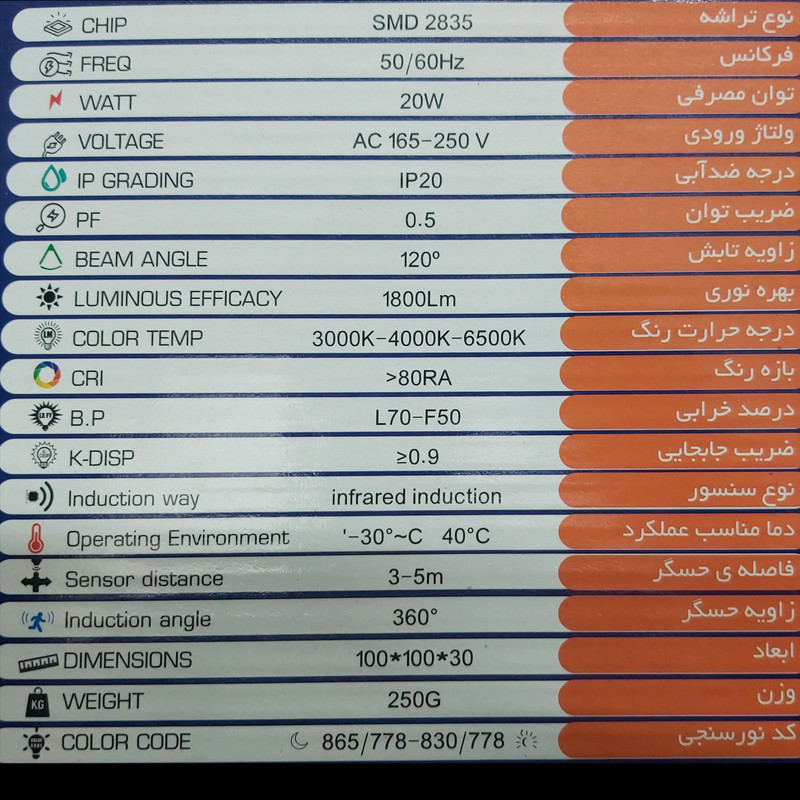 پنل ال ای دی 20 وات پارس اروند مدل سنسور دار