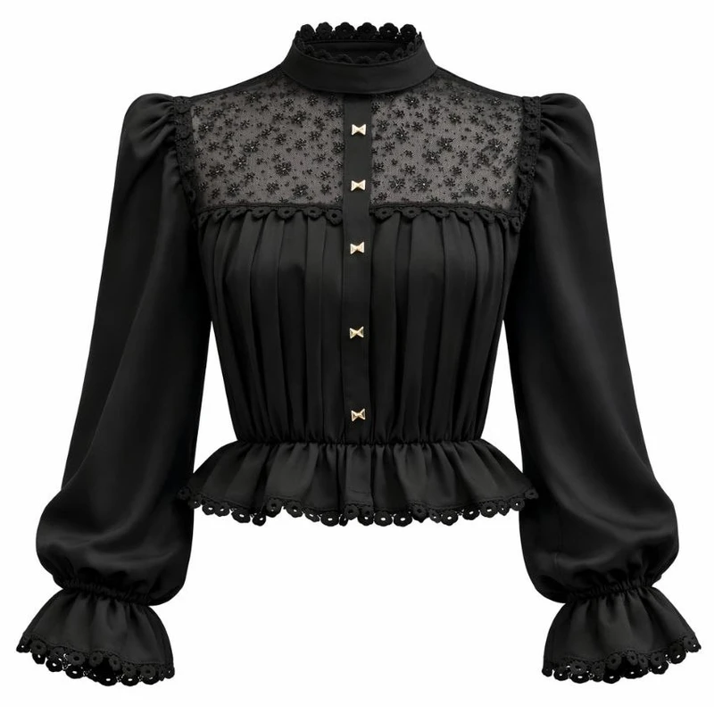 کراپ بلوز آستین بلند یقه ایستاده زنانه مدل دکمه پاپیونی