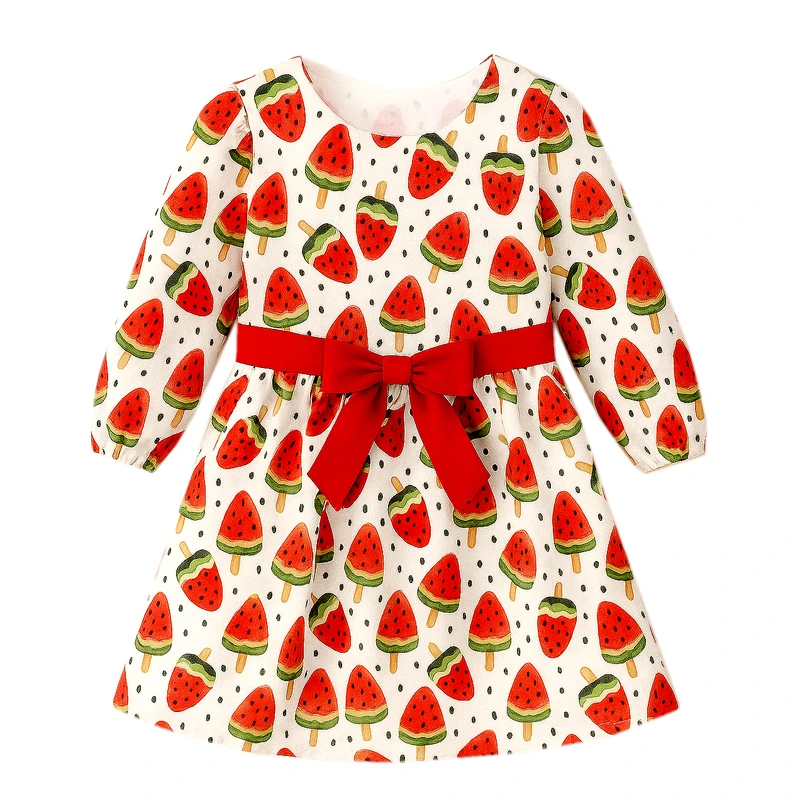 پیراهن آستین بلند یقه گرد دخترانه مدل بستنی هندوانه یلدا