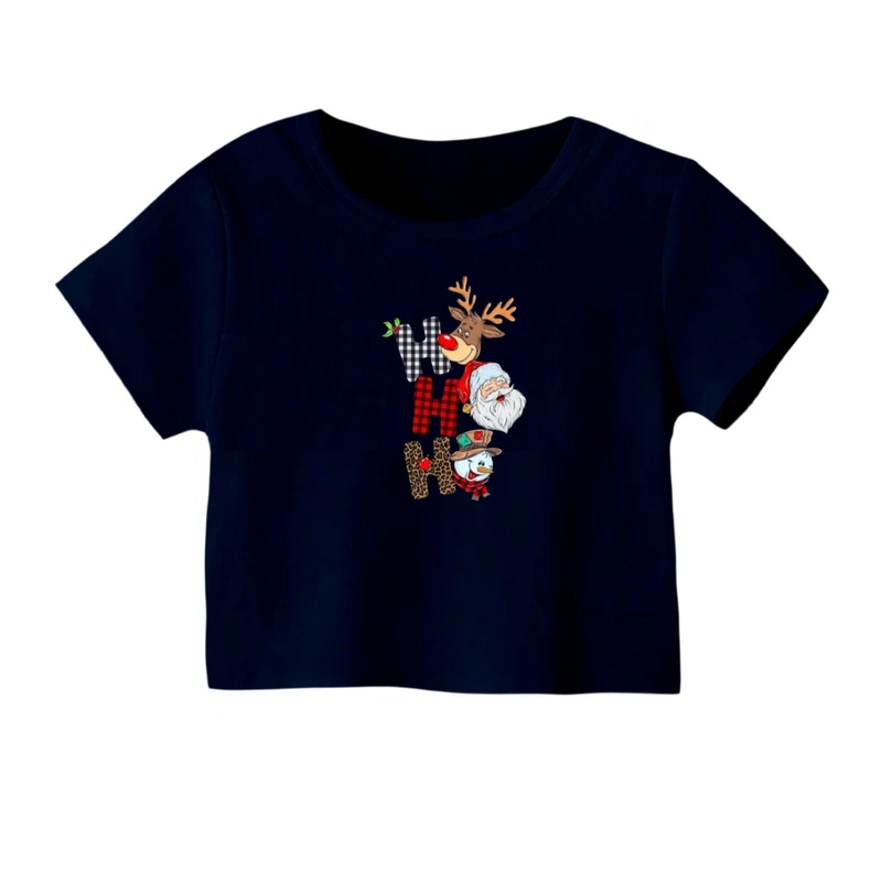 کراپ‌ تی‌شرت آستین کوتاه زنانه مدل گوزن کریسمس کد 21