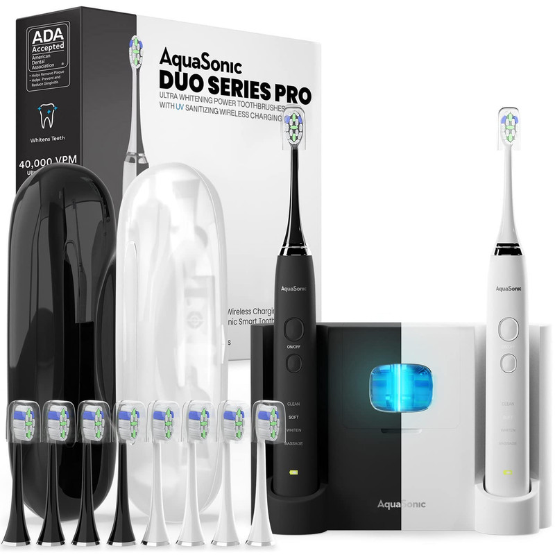 مسواک برقی آکواسونیک مدل DUO PRO مجموعه 2 عددی به همراه سری یدک بسته 8 عددی مسواک برقی آکواسونیک مدل DUO PRO مجموعه 2 عددی به همراه سری یدک بسته 8 عددی