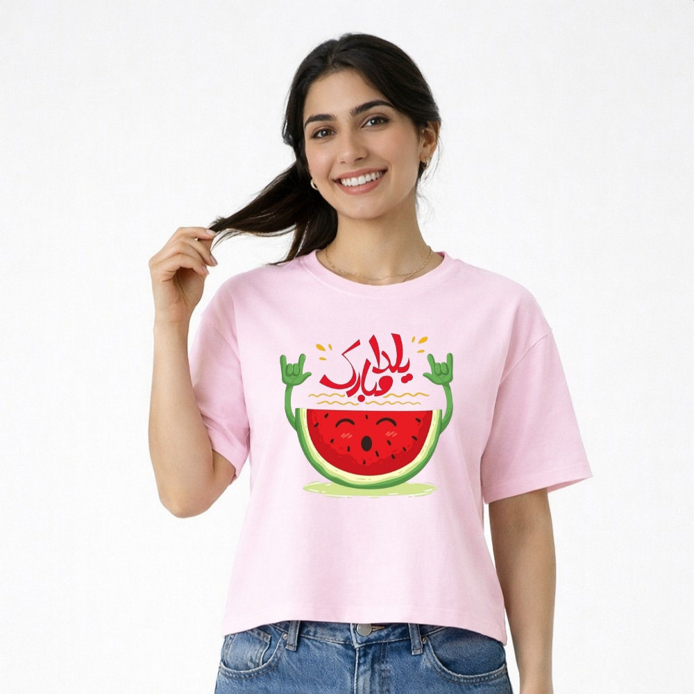 تی شرت آستین کوتاه زنانه مدل کراپ طرح هندوانه یلدایی کد p3 تی شرت آستین کوتاه زنانه مدل کراپ طرح هندوانه یلدایی کد p3