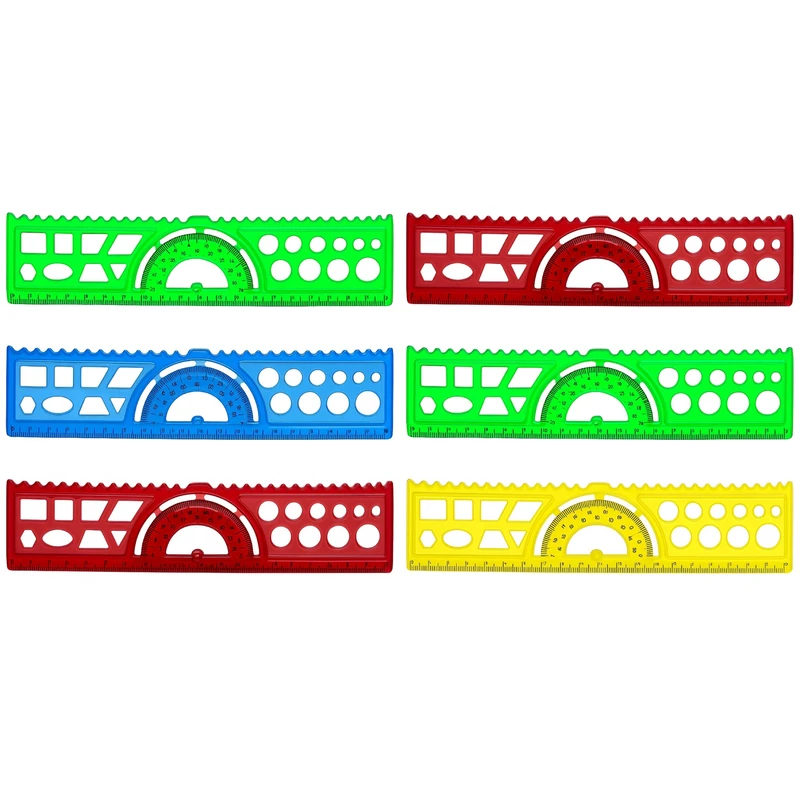 خط‌کش ۲۰ سانتی‌متری مدل نقاله دار شابلون دار ژله ای بسته 6 عددی