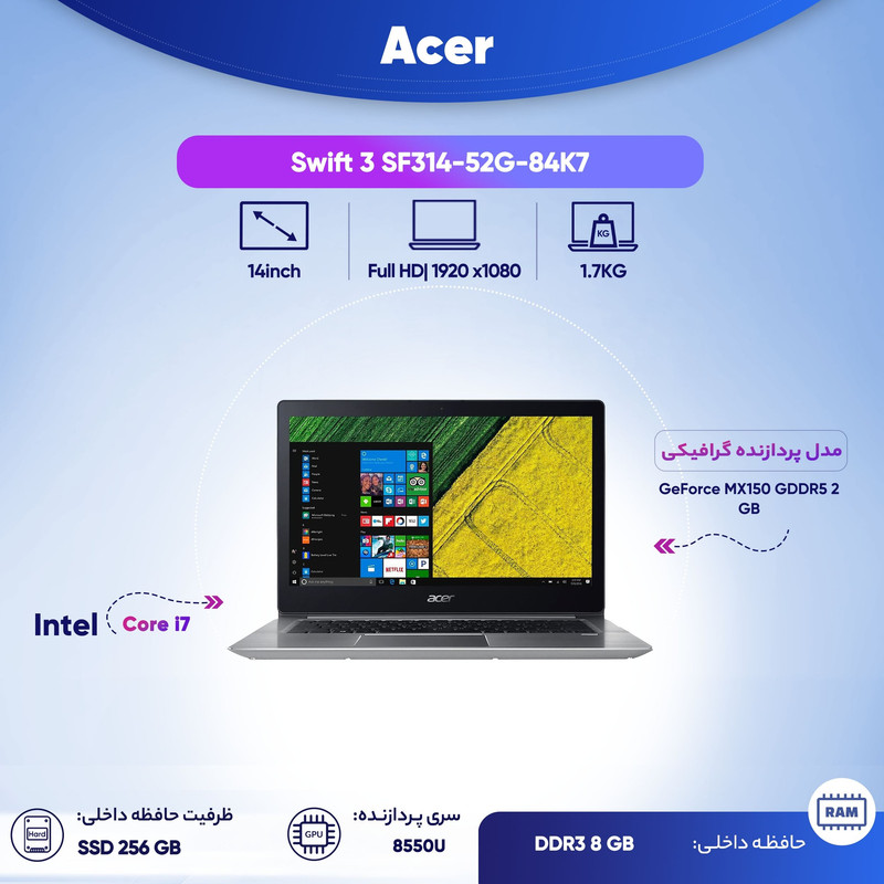 لپ تاپ 14 اینچی ایسر مدل Swift 3 SF314-52G-84K7