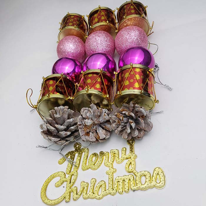 آویز تزیینی مدل گوی کریسمس طبل میوه کاج مجموعه 16 عددی