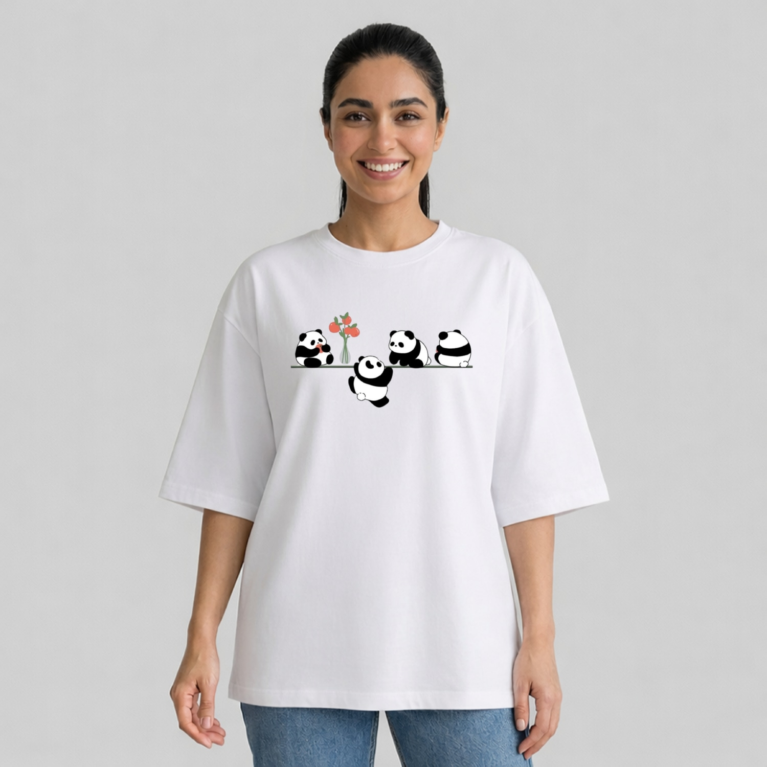 تی شرت آستین سه ربع زنانه مدل باکسی طرح پاندا های بامزه کد v12 تی شرت آستین سه ربع زنانه مدل باکسی طرح پاندا های بامزه کد v12