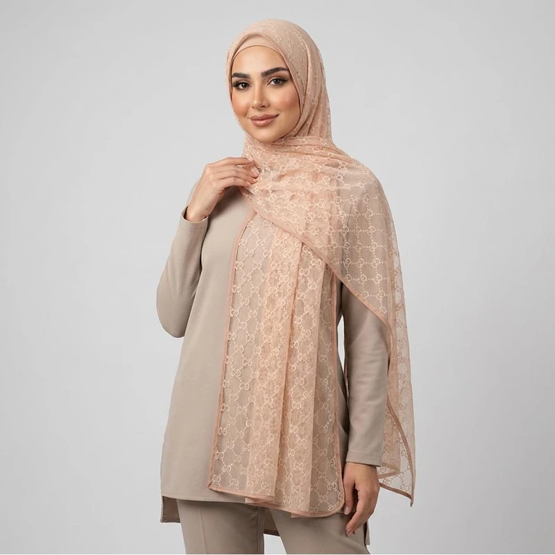شال زنانه مدل توری گیپور زنجیری مجلسی دور نوار دوزی