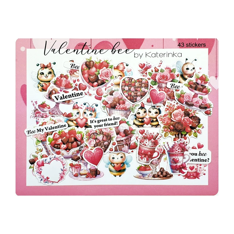 برچسب کاترینکا طرح برش خورده بولت ژورنال و اسکرپ بوک مدل Valentine Bee بسته 43 عددی