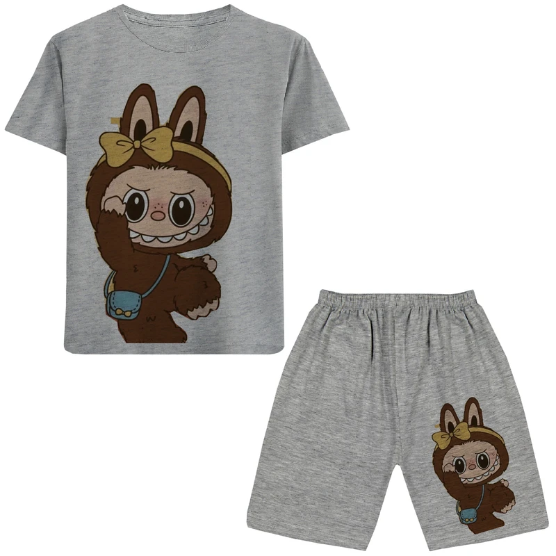 ست تی شرت آستین کوتاه و شلوارک راحتی دخترانه  مدل A80 LABUBU