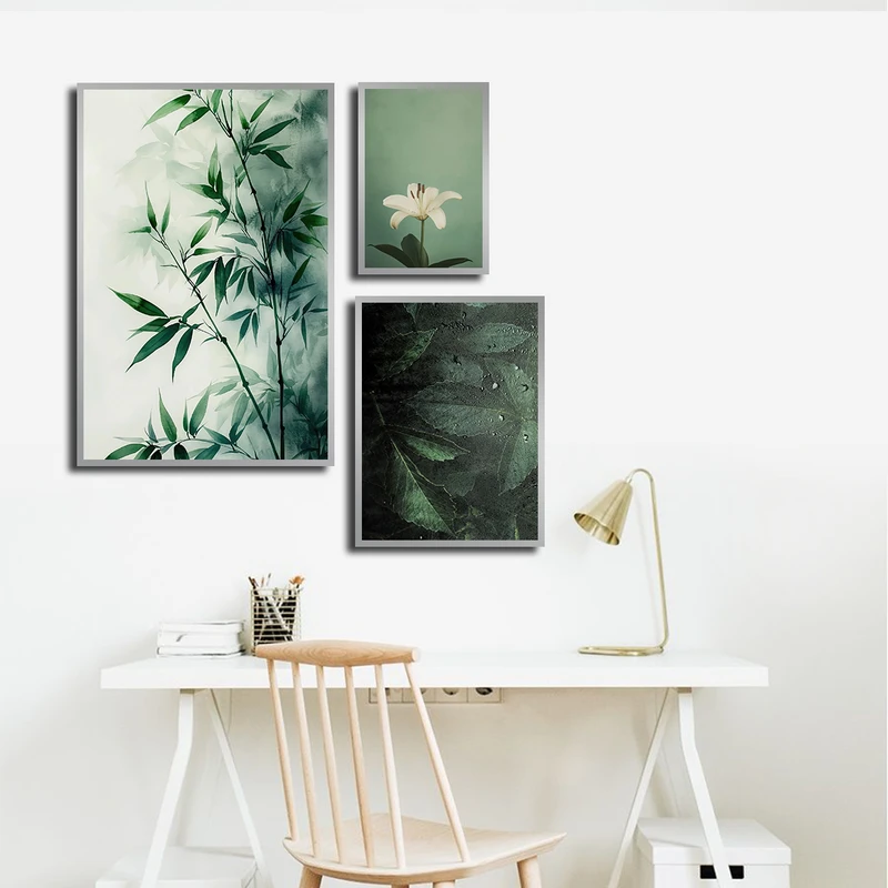 تابلو بکلیت طرح طبیعت و برگ سبز مدل SI-3350 فریم نقره ای مجموعه 3 عددی