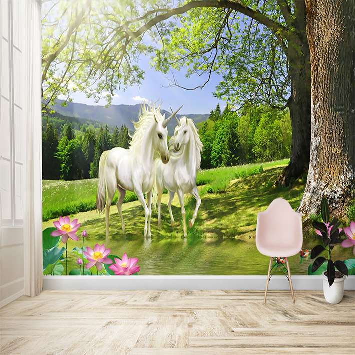 پوستر دیواری سه بعدی مدل جنگل درخت اسب کد DVRF2578