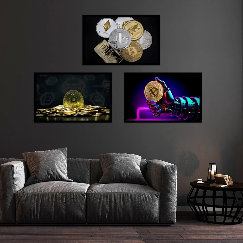 تابلو بکلیت طرح تصویر بیت کوین و ارز دیجیتال و ترید سرمایه گذاری مدل B-bu3725 مجموعه 3 عددی