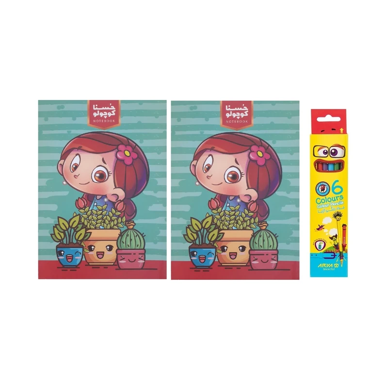 مداد رنگی 6 رنگ آریا مدل پاژ به همراه دفتر نقاشی مجموعه 8 عددی