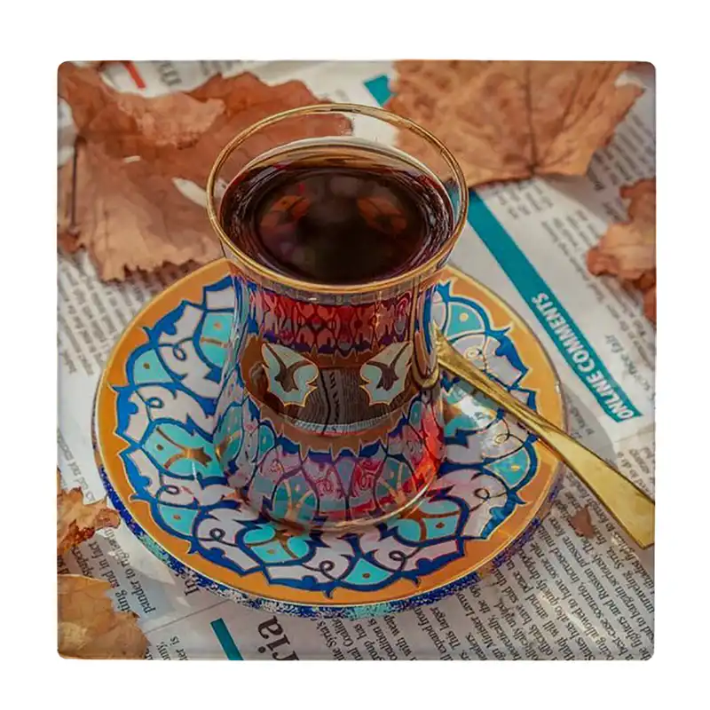 کاشی کارنیلا طرح استکان چایی و نعلبکی سنتی مدل لوحی کد klh2468