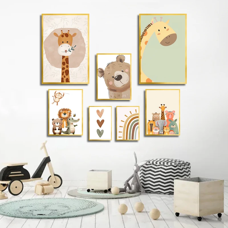 تابلو بکلیت طرح نقاشی کودکانه زرافه و خرس مدل T-3686 فریم طلایی مجموعه 7 عددی