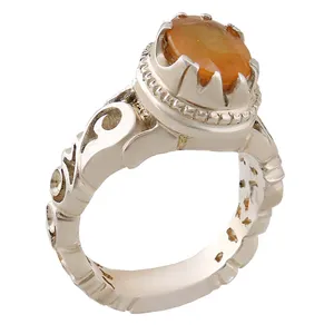 انگشتر نقره مردانه بازرگانی میلادی مدل رکاب دست ساز ارره کاری سنگ یاقوت زرد کد AM_2793