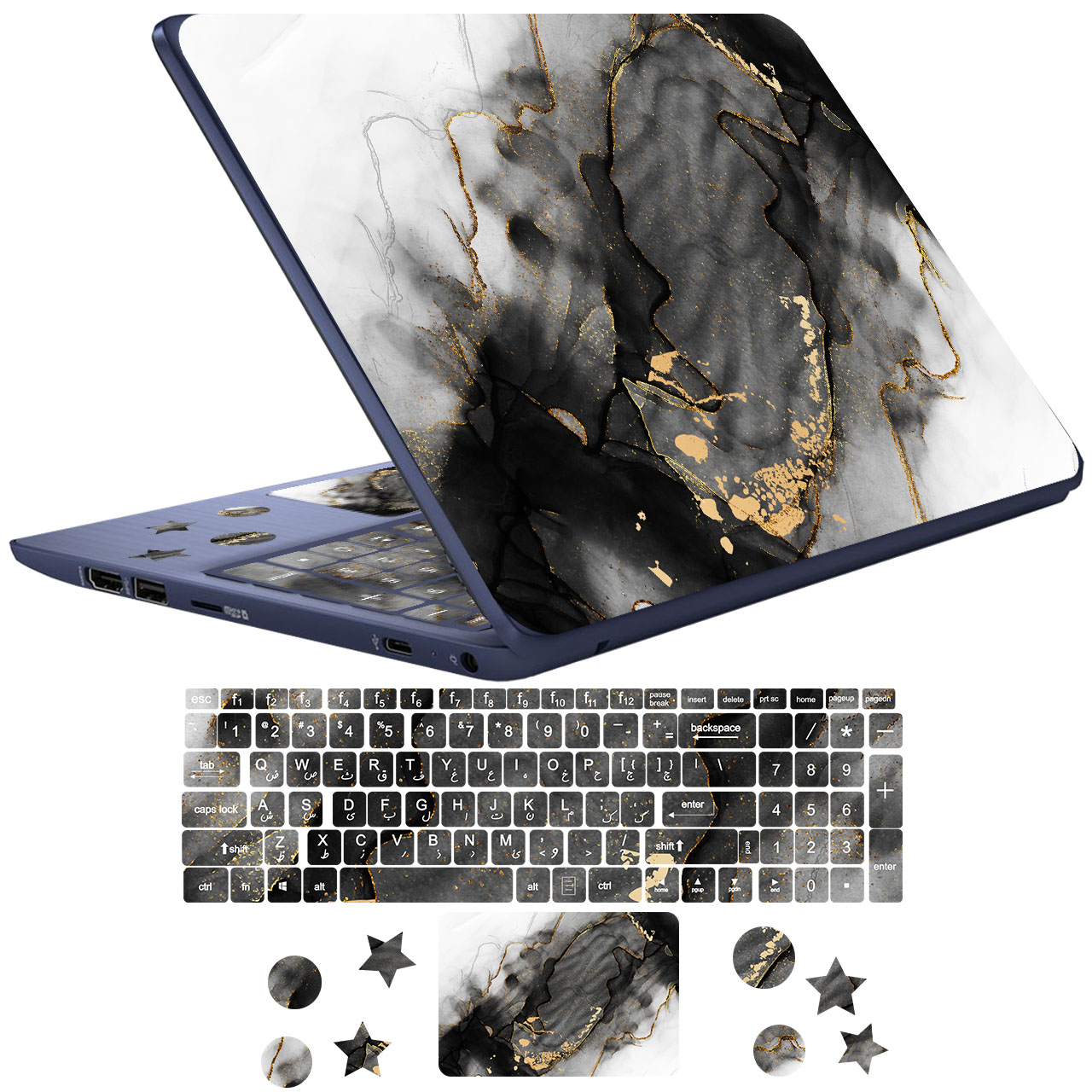 استیکر لپ تاپ راتیانا مدل marble 21 مناسب برای لپ تاپ 15 تا 17 اینچ به همراه برچسب حروف فارسی کیبورد