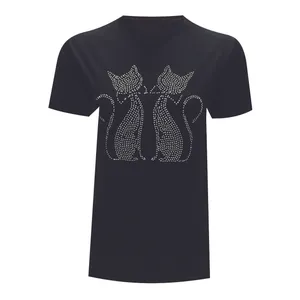 تی شرت آستین کوتاه زنانه مدل نگین دار طرح گربه کد DKCOP 433