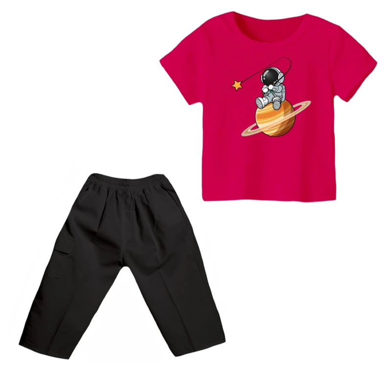 ست تی شرت و شلوارک پسرانه مدل فضانورد کد ۱۰ رنگ سرخابی