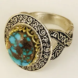 انگشتر نقره مردانه مدل قلمزنی مزین به فیروزه نیشابوری