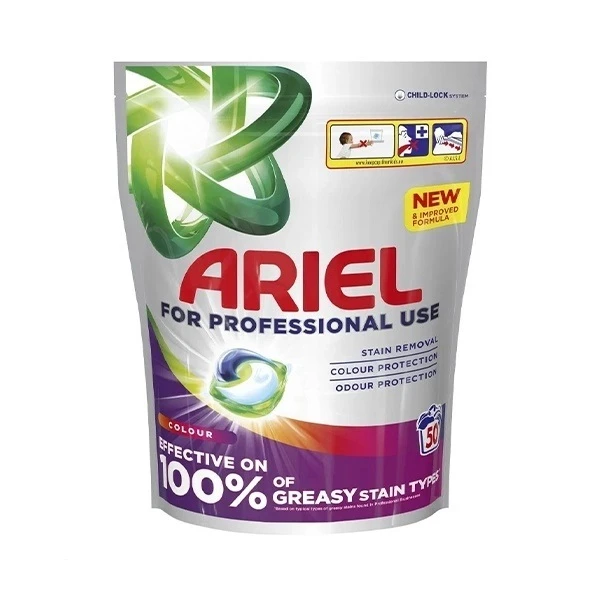 قرص ماشین لباسشویی آریل با رایحه کوهستانی مناسب برای لباس های رنگی وزن 935 گرم بسته 50 عددی