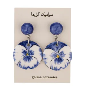 گوشواره دست دوز زنانه مدل سرامیکی نقاشی بنفشه لاجوردی