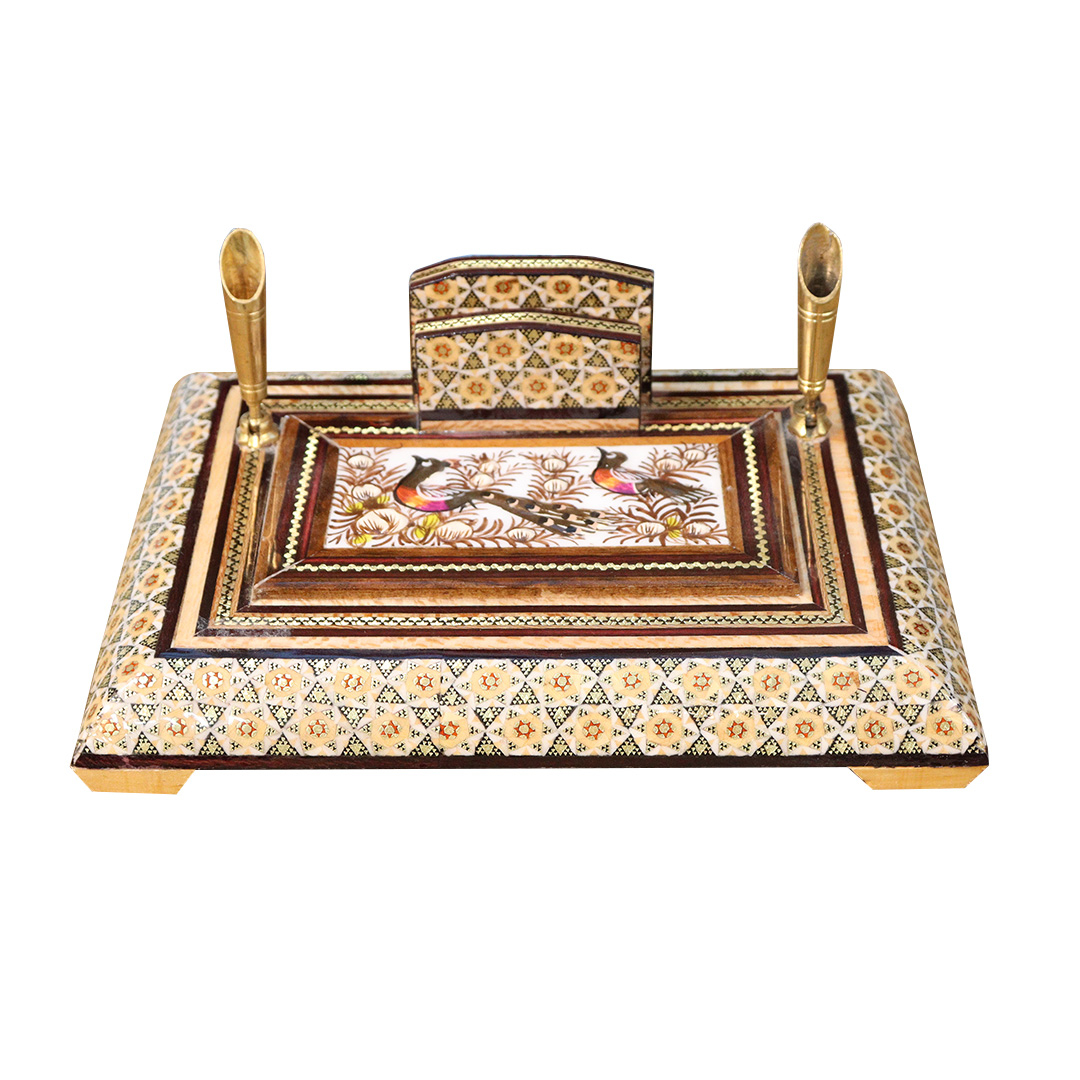 قلمدان خاتم کاری چوبی صنایع دستی فاخر مدل اداری طرح گل و مرغ برجسته کد Br20p15-2f4