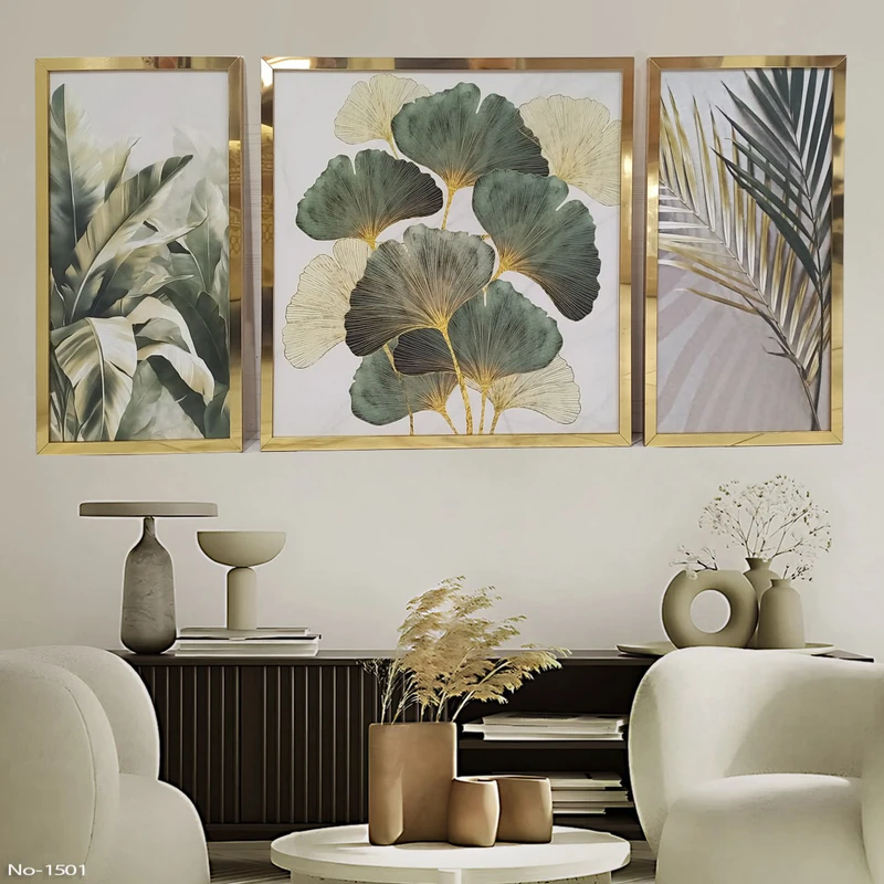 تابلو طرح دکوراتیو مدرن کد 1501 فریم طلایی آینه ای مجموعه سه عددی