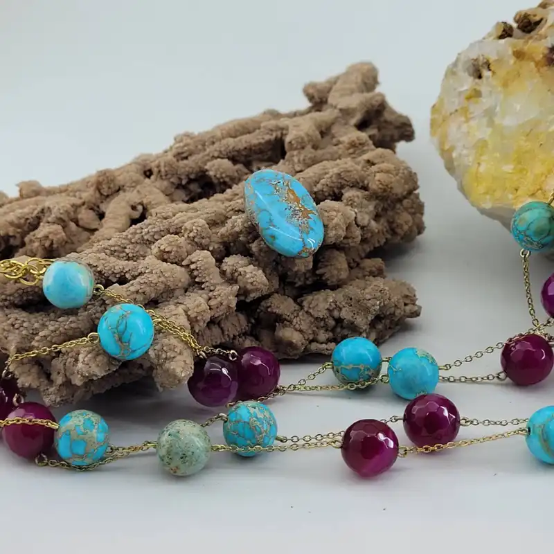 نیم ست زنانه مدل سنگ فیروزه آفریقایی و عقیق یاقوتی کد 1809