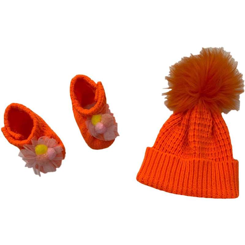 ست کلاه و  پاپوش بافتنی نوزادی مدل کشبافت