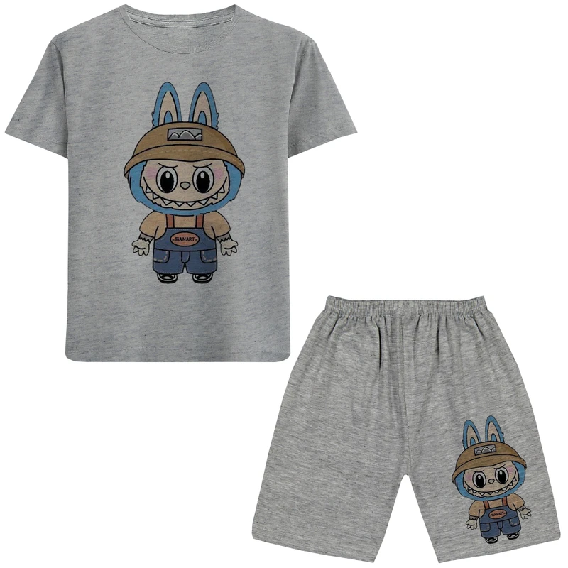 ست تی شرت آستین کوتاه و شلوارک راحتی دخترانه مدل A112 LABUBU