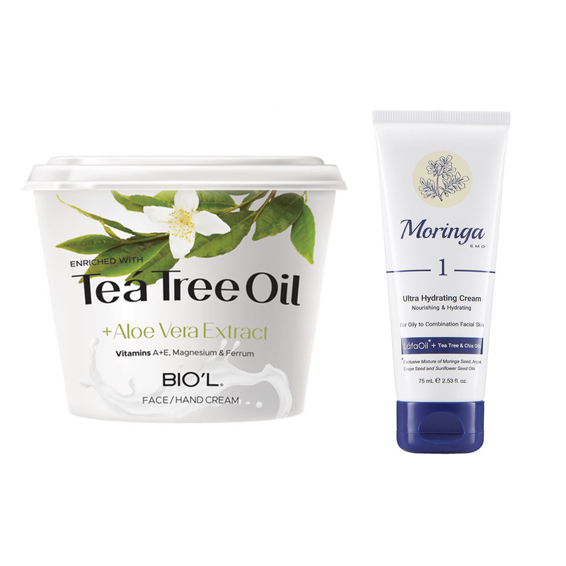 کرم آبرسان مورینگا امو مدل Tee tree حجم 75 میلی لیتر به همراه کرم مرطوب کننده بیول مدل Tea Tree Oil حجم 250 میلی لیتر