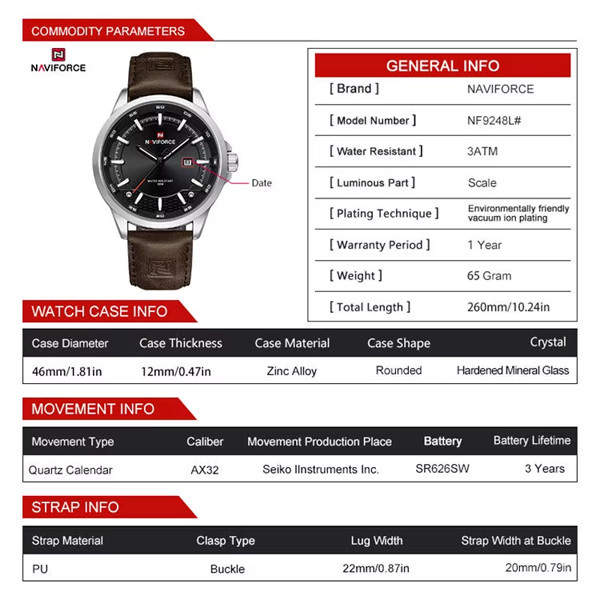 ساعت مچی عقربه‌ای کوارتز مردانه نیوی فورس مدل NF9248