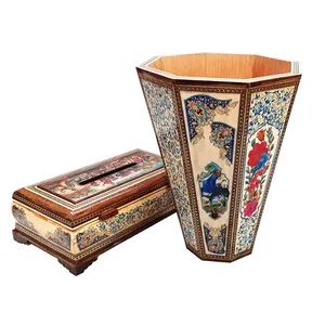 ست سطل و جعبه دستمال کاغذی خاتم کاری مدل ایلیات کد 30