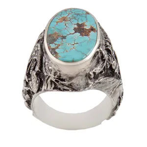 انگشتر نقره مردانه بازرگانی میلادی مدل سنگ فیروزه طبیعی نیشابور رکاب دست ساز سیاه قلم کد AM_1850