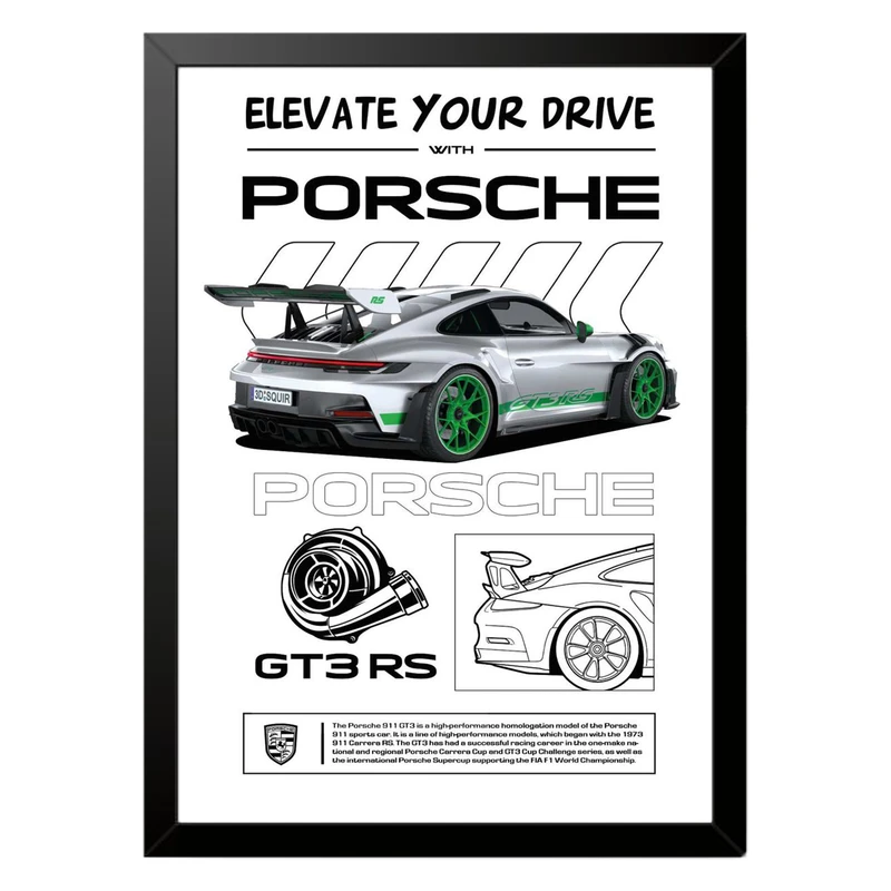 تابلو بکلیت طرح ماشین و خودرو پورشه PORSCHE 911 GT3 RS مدل b-po1566 فریم مشکی