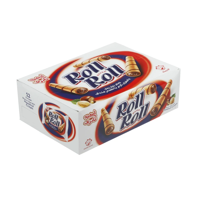 ویفر رول رول با مغزی کرم با طعم فندق نادری - 40 گرم بسته 12 عددی