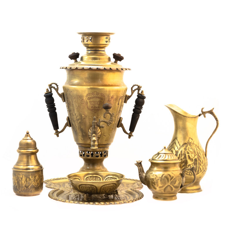 سرویس سماور ذغالی 6 پارچه برنجی مدل سوزنی کد S-4184