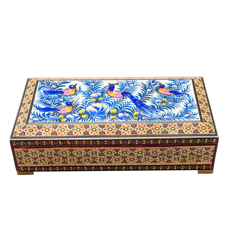 جعبه جواهرات خاتم کاری صنایع دستی فاخر طرح گل ومرغ برجسته کد Bl21115 