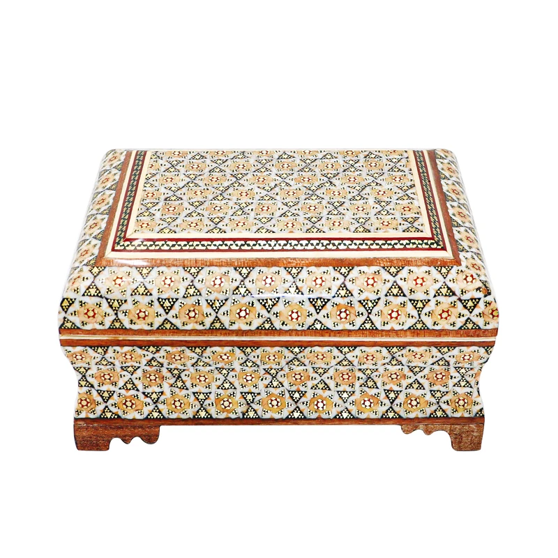 جعبه جواهرات خاتم‌ کاری چوبی صنایع دستی فاخر مدل ممتاز کد FullHQ14108
