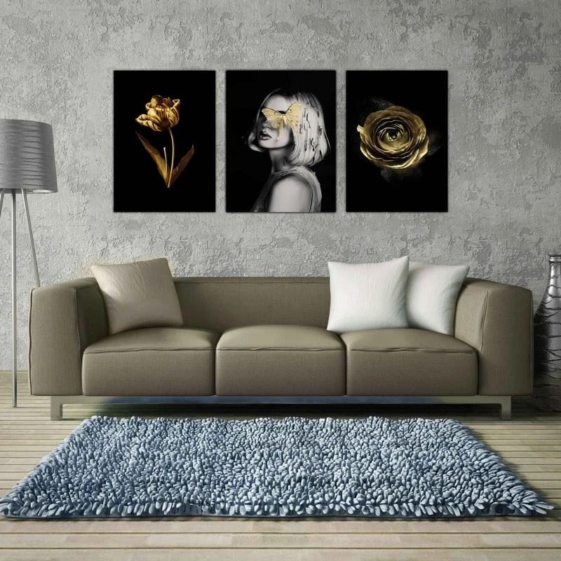 تابلو شاسی بکلیت طرح دکوری مدرن گل طلایی و فشن استایل مدل SH-1518 مجموعه 3 عددی