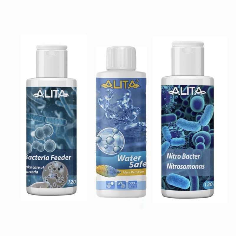 محلول آماده ساز آب آکواریوم آلیتا مدل استارت مجموعه سه عددی حجم ۱۲۰ میلی لیتر