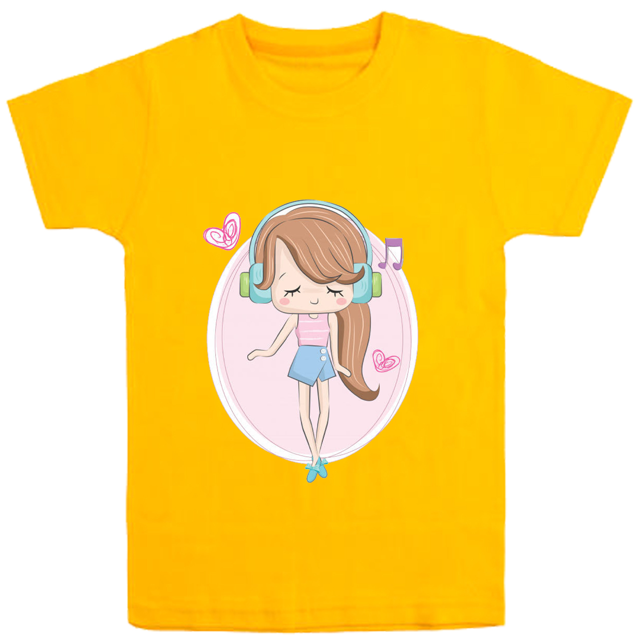 تی شرت آستین کوتاه دخترانه مدل دختروهدفون D47 رنگ زرد