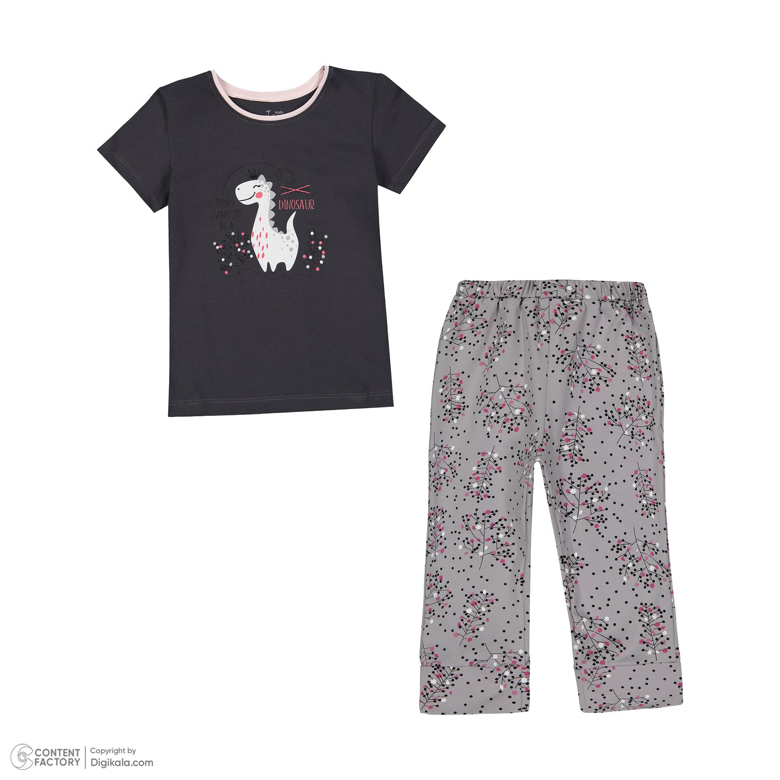ست تی شرت و شلوار دخترانه ناربن مدل دایناسور رنگ طوسی - - 3