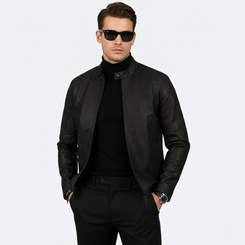 عکس شماره 16 : کت چرم مردانه مدل یقه دیپلمات