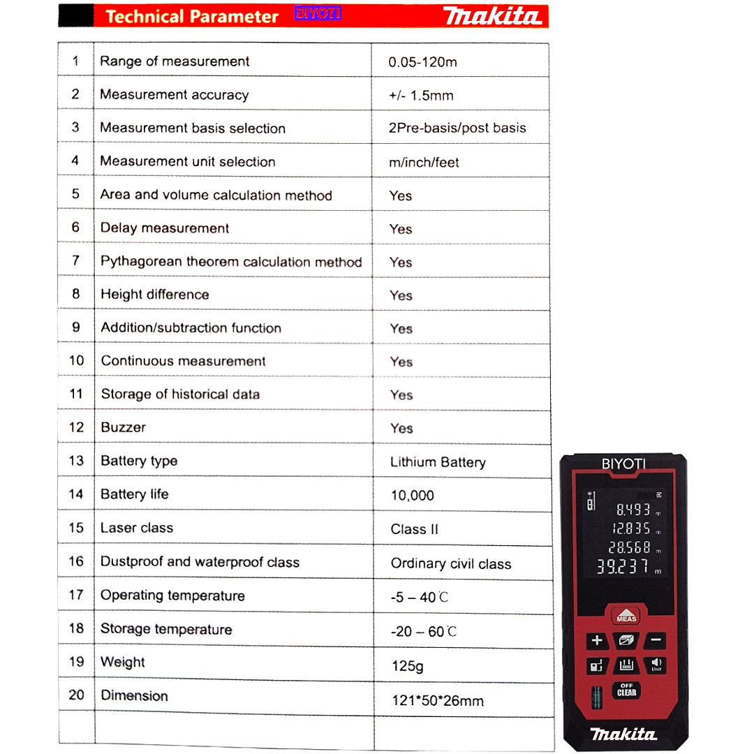 متر لیزری ماکیتا مدل BIYOTI  کد  120M