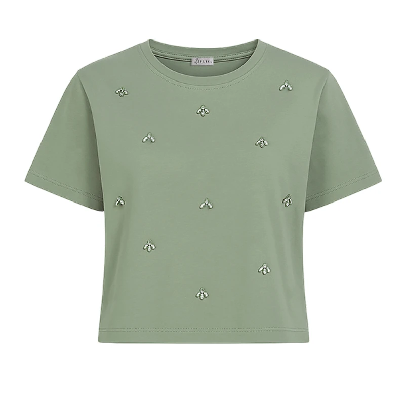 کراپ تی‌شرت آستین کوتاه زنانه ایپلیک زی مدل چند نگین کد IP10.4