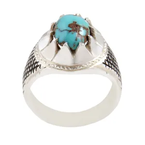 انگشتر نقره مردانه بازرگانی میلادی مدل سنگ فیروزه طبیعی نیشابور رکاب دست ساز سیاه قلم کد AM_1643